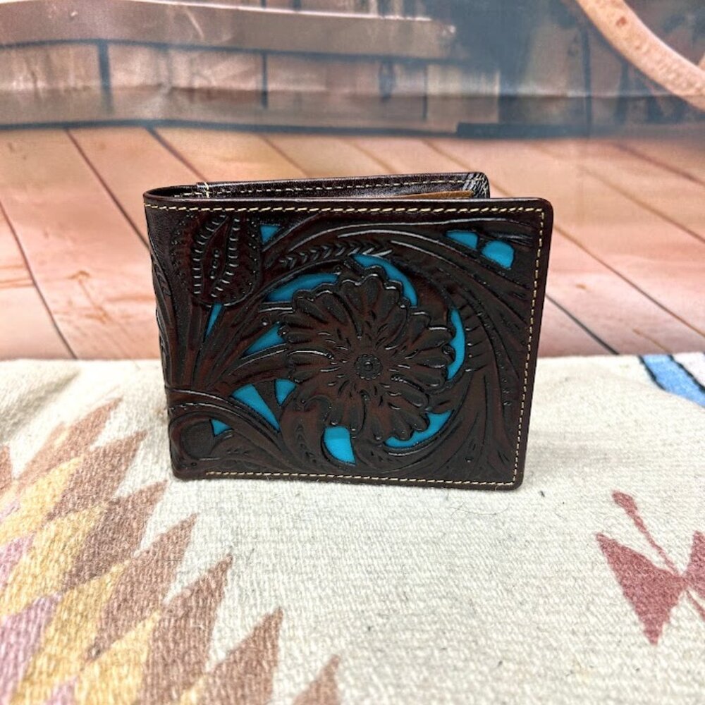 Tooled Leather Bifold Wallet in Coffee Brown with Turquoise Inlay